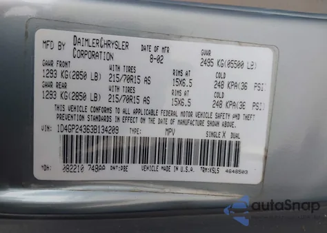 2003 Dodge Grand Caravan Se from USA, damaged, VIN 1D4GP24363B134209